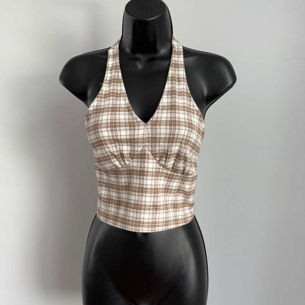 Hollister sz XS Plaid Halter Top Brown White Smocked Back Crop Top Cottagecore